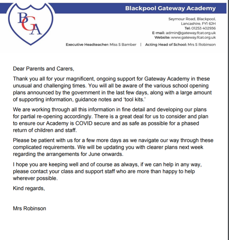 Image of Letter to parents 15/5/2020